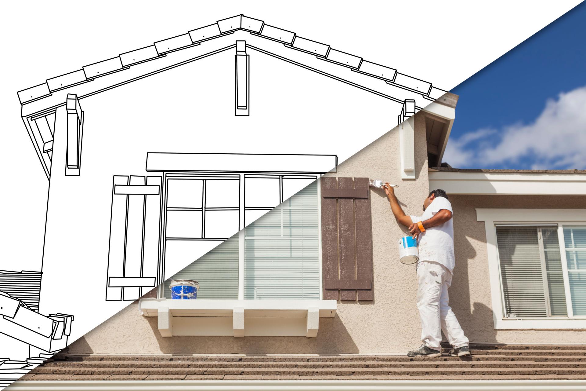 Diagonal Split Screen of Drawing and Photo of House Painter